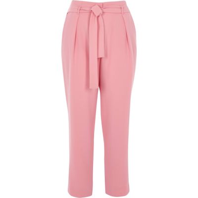 Pink tie waist tapered trousers